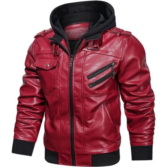 HOOD CREW Men’s Casual Stand Collar PU Faux Leather Zip-Up Motorcycle Bomber - Picture 2 of 6